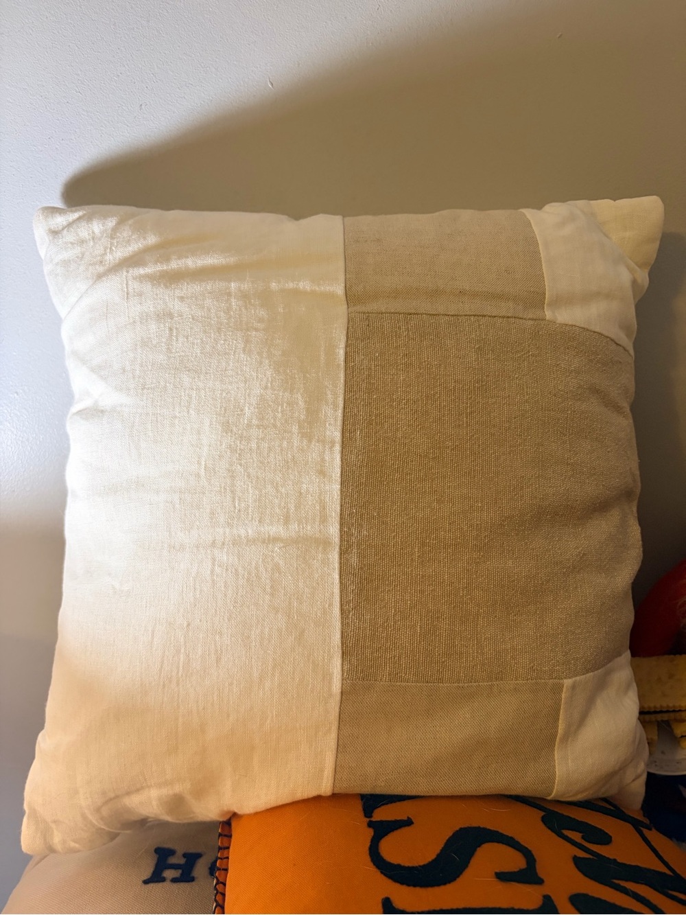 Neutral Two-Tone Patchwork Throw Pillow - Cream and Tan